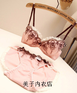 Princess wind lace handmade crochet lace underwear bra set powder