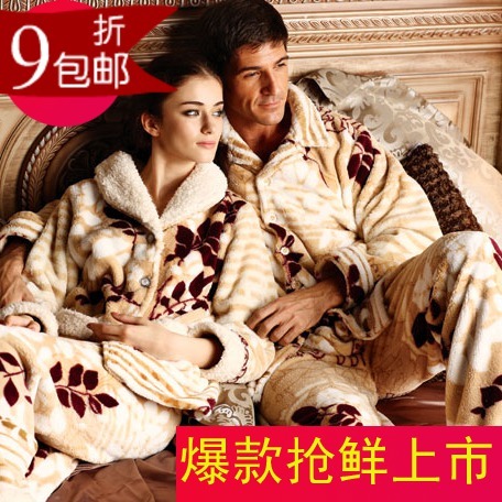 Print autumn and winter thickening coral fleece lovers sleepwear male women's lounge set at home service 6 $/each price