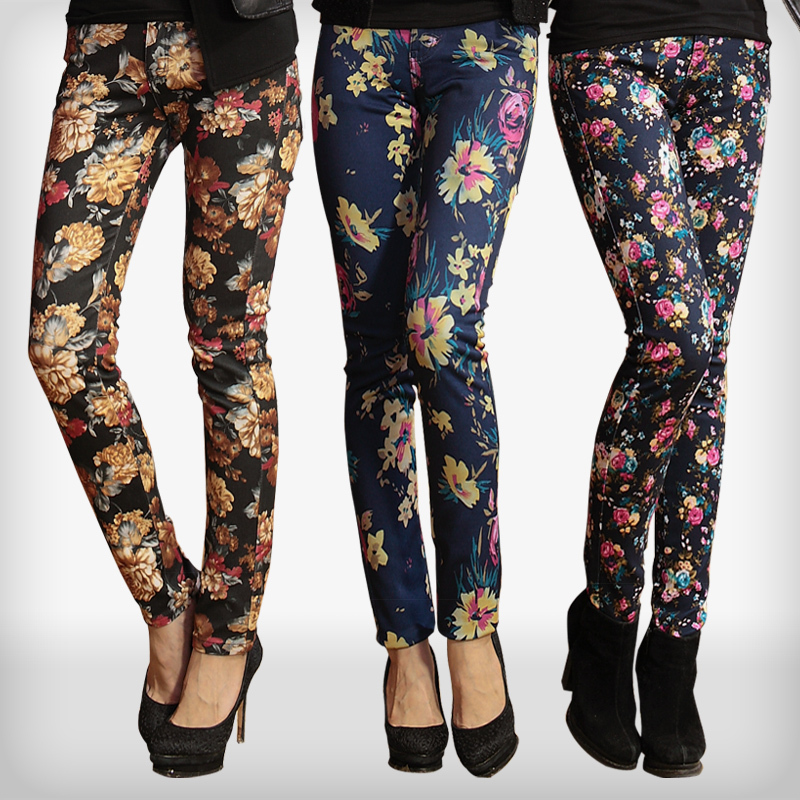 Print casual jeans trousers vintage elastic pencil pants female legging