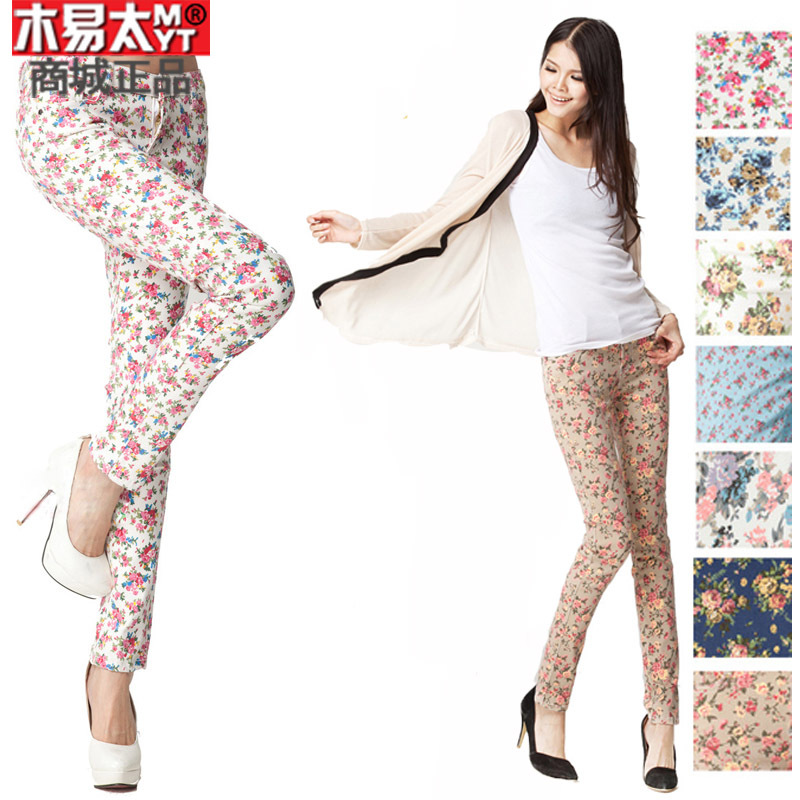 Print casual jeans trousers vintage elastic pencil pants female legging