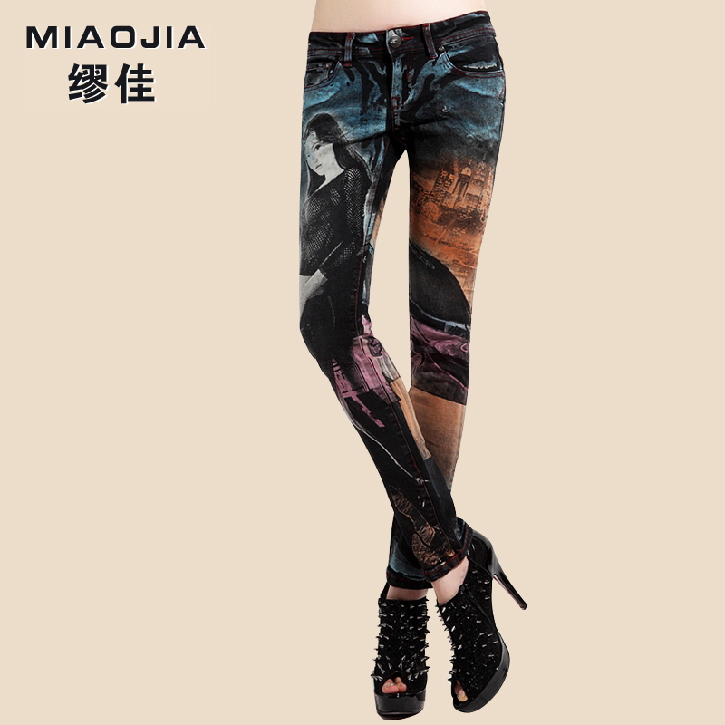 Print colored drawing multicolour jeans female black thickening denim trousers pencil pants female