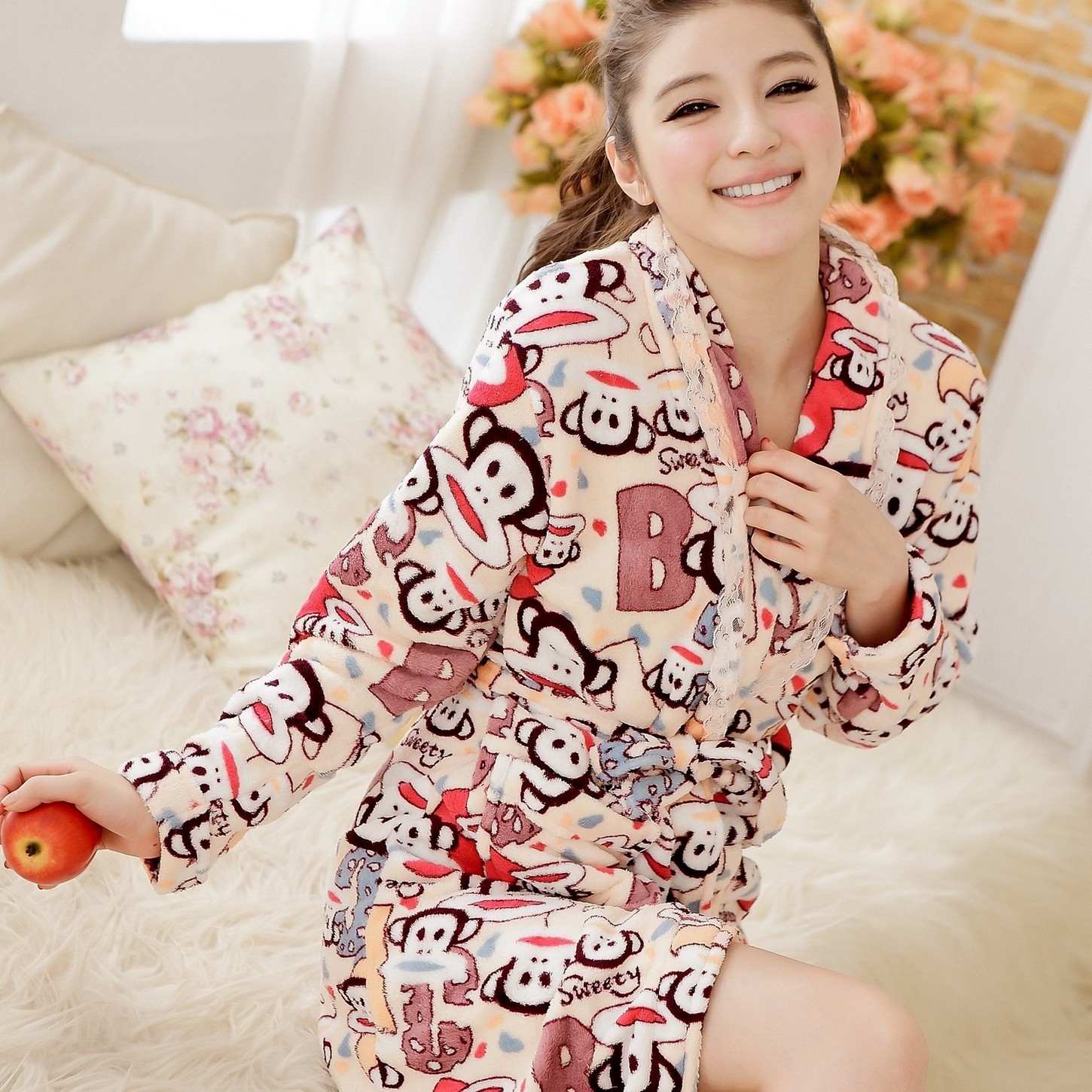 Print coral fleece robe 2012 winter sleepwear medium-long robe hot-selling