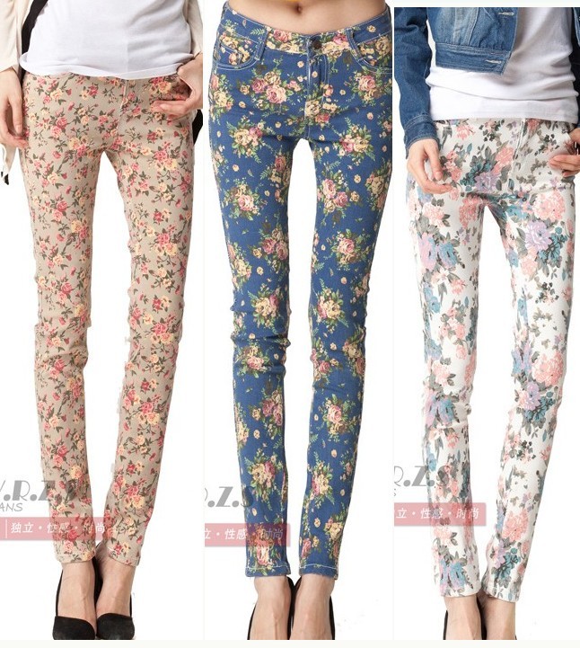 Print high waist jeans female trousers vintage elastic pencil pants female  flowers printing panty