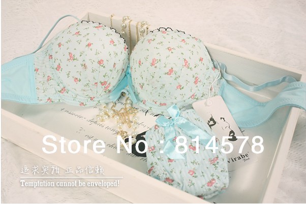 Print Lace Bra Set Cute Color bow decoration A B cup Wholesale price free shipping