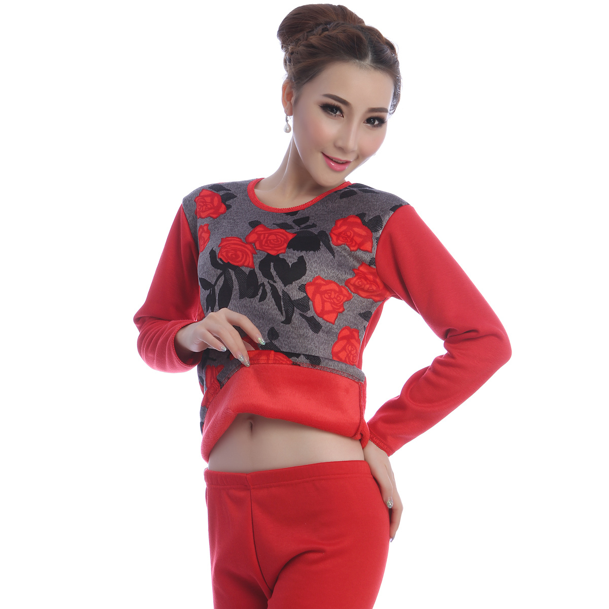 Print thermal underwear thickening plus velvet plus size loose coat thermal underwear set t014