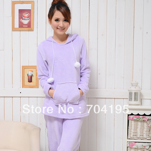 Product autumn and winter lounge women's thickening coral fleece sleep set solid color zipper with a hood purple