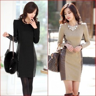 Professional women's 2013 spring one-piece dress patchwork leather long-sleeve slim ol slim hip skirt plus size female