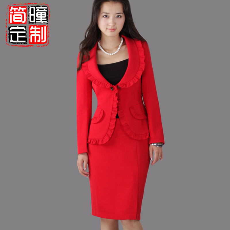 Professional women's gentlewomen elegant bride dress set red suit half-skirt skirt customize a047