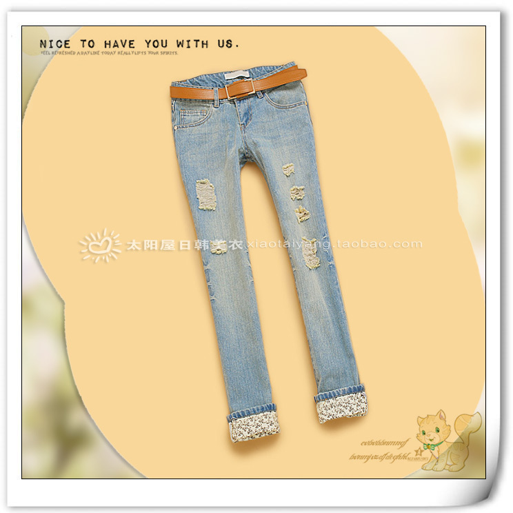 promotion Ak4-2 winter 2012 wearing white retro finishing hole roll up hem jeans trousers free shipping