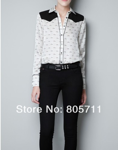 Promotion  Contrast Color  Horse Pattern Long Sleeve Print  Shirts Black Shoulder Fashion Ladies Blouse Hot Sale