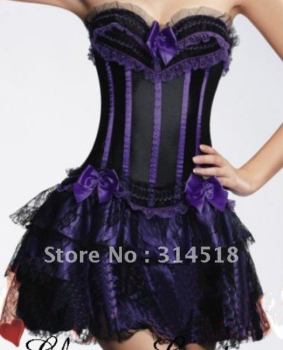 Promotion! Free shipping! dark purple bowknot striped sexy gorgeous lace corset,sexy lingerie steel boned,shape wear,(30025)