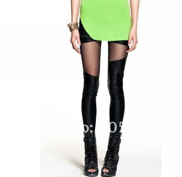 Promotion Good Quality 2012 New Black Splice Block Color Gauze Imitation Leather Sexy Leggings Women's Fashion Legging