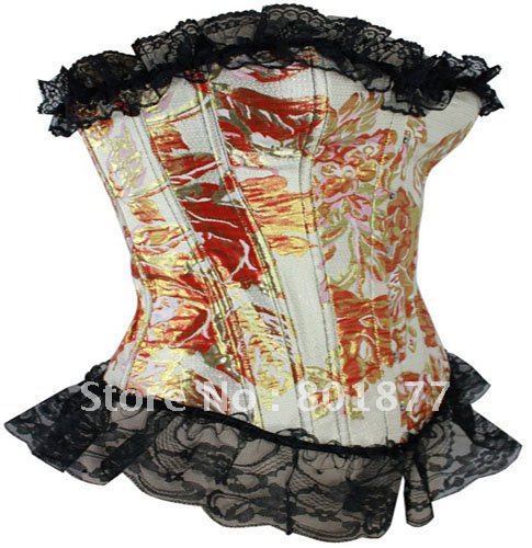 promotion! July deadline! On Sale Free Shipping Gold Red Brocade Slimming Sexy Overbust Corset With Black Lace Trim  DH7063