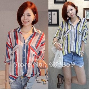 Promotion Korea style Stylish ladies Turn Down Collar Striped shirt,OL shirt&blouse,2 colors,#1270,Free shiping