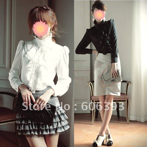 PROMOTION Lady OL Retro Long Sleeve Tops Ruffle Stand Collar Slim Shirt Blouse