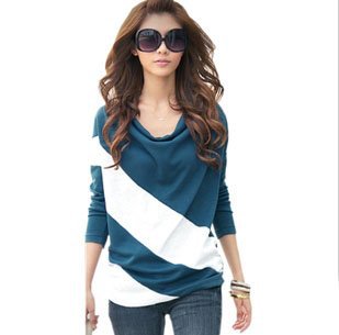 Promotion loose sleeve t shirt stitching striped long-sleeved knitwear pullover for ladies free shipping wholesale WTL005