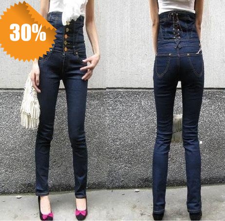 PROMOTION NEW excellent quality, unique cross bandage design high waisted ladies skinny jeans pants