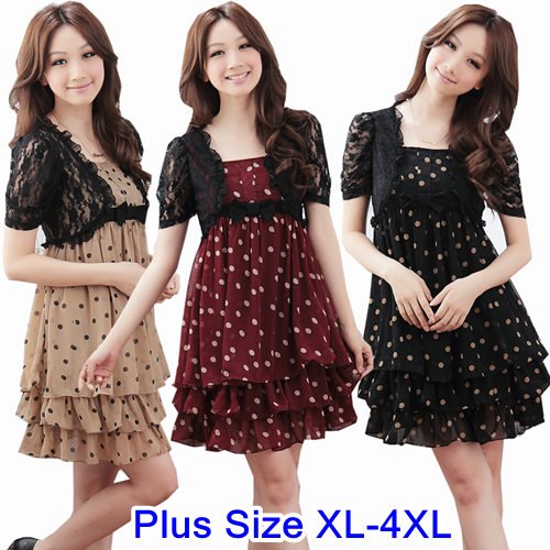 Promotion Plus Size Ladies Short Sleeve Patchwork Dot Chiffon Dress Lace Fake Two-piece Cascading Ruffled Sweep Dresses XL-4XL