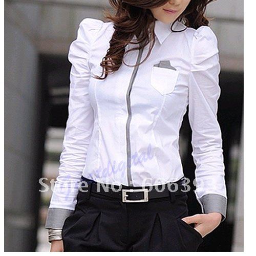 PROMOTION Sexy OL Womens Cotton Long Sleeve Slim Shirt, Ladies' Top Blouse with Shrug Bubble Sleeve