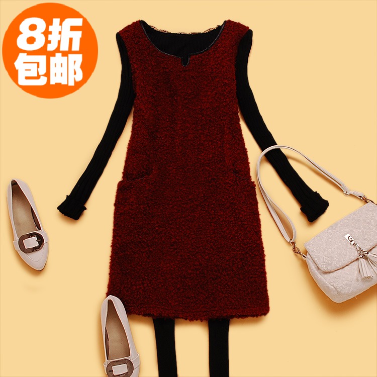 promotion! X4-2 winter women's all-match pads faux leather patchwork wool circle rib knitting knitted sleeve one-piece dress