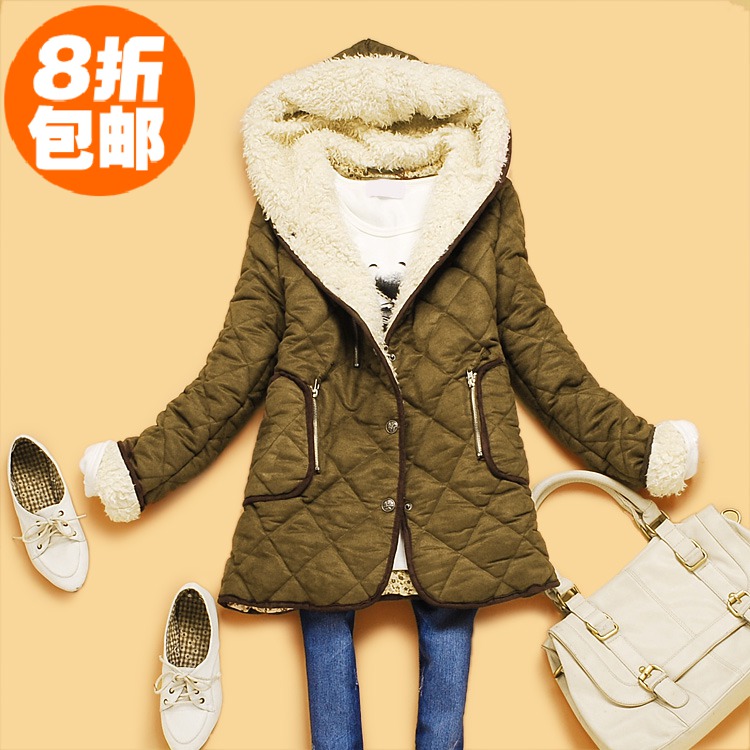 promotion! Z2-3 winter women's with a hood berber fleece suede fabric wrapping medium-long rhombus wadded jacket outerwear