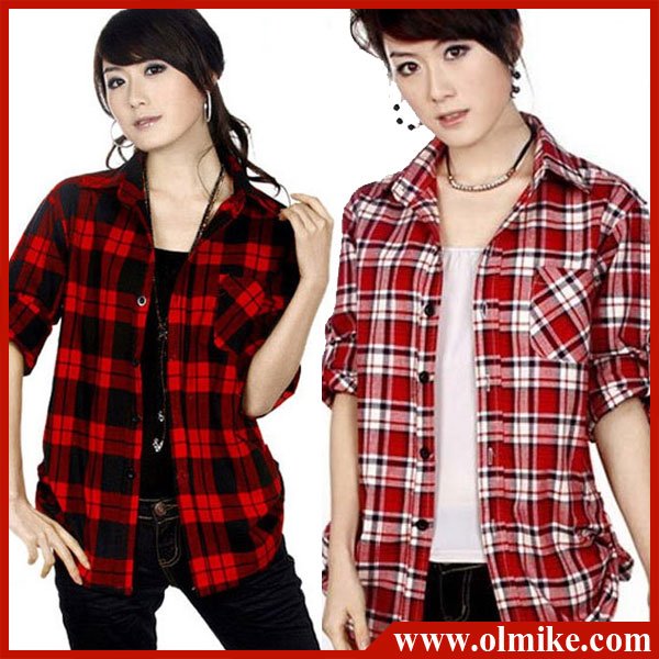 Promotional Free shipping 2012 New fashion women 100% Cotton clothes check shirt shirts Blouses M L XL XXL WTS057