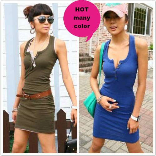 Promotional  Free Shipping Wholesale&Retail Women's Mini Dress Sexy Cotton Low Collar Open Buckle Sleeveless Vest Skirt