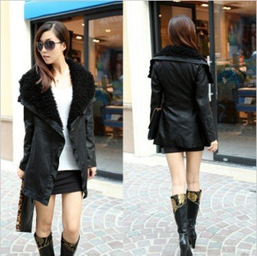 PU dress the lambs wool big turndown medium style leather coat of cultivate one's morality.Free shipping