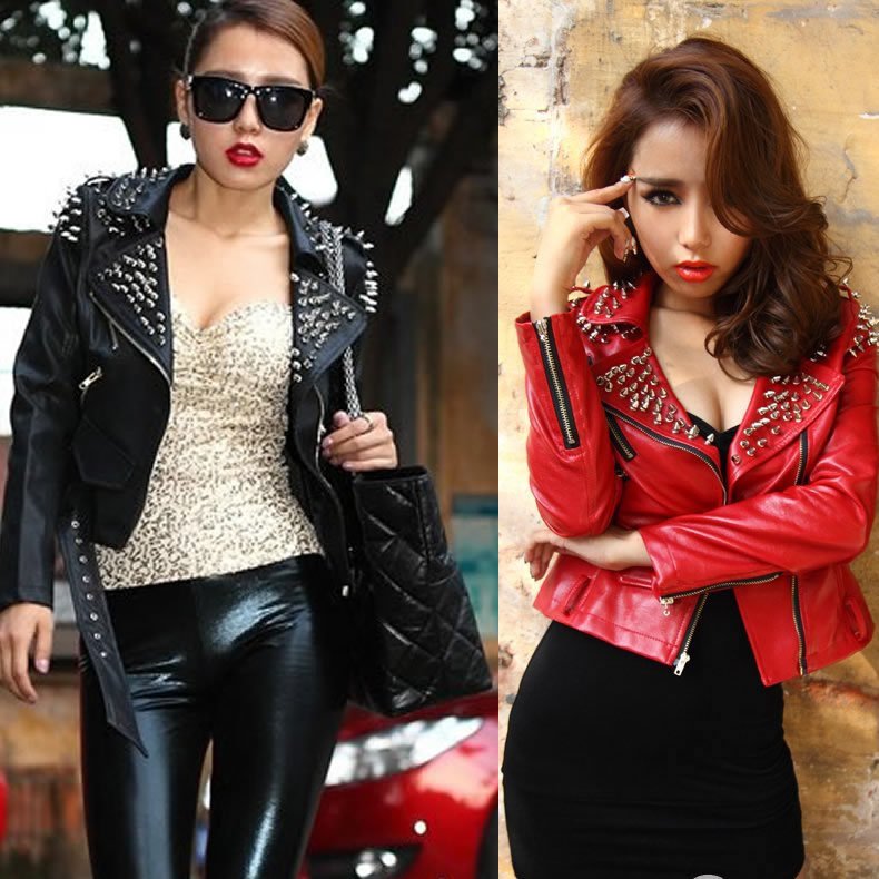 PU Leather Motorcycle Women Rock Punk Rivets Studded Blazer Coat Moto Jacket