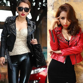 PU Leather Motorcycle Women Rock Punk Rivets Studded Blazer Coat Moto Jacket