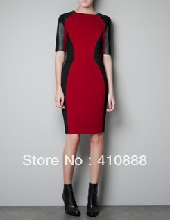 PU leather sleeve splicing hit color slim slim package hip dress