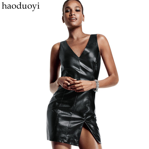 PU leather Slim dress back hollow design of the front panels of the side slits lined black