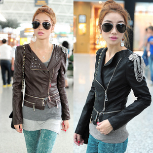 PU leather studded short zipper jacket female rivets epaulette short leather clothing jacket