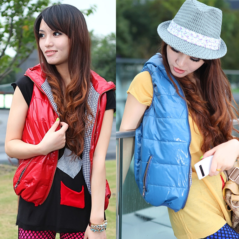 PU vest female fashion vest autumn and winter cotton vest candy color patent leather