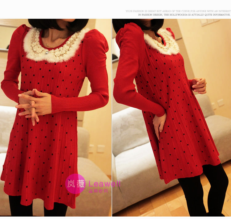 Puff sleeve autumn and winter female skirt sweater female long design knitted basic shirt polka dot slim plus size sweater dress