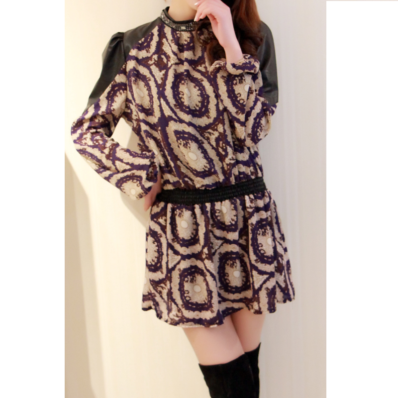 Pumpkin home 2013 spring leather patchwork diamond stand collar long-sleeve slim chiffon one-piece dress