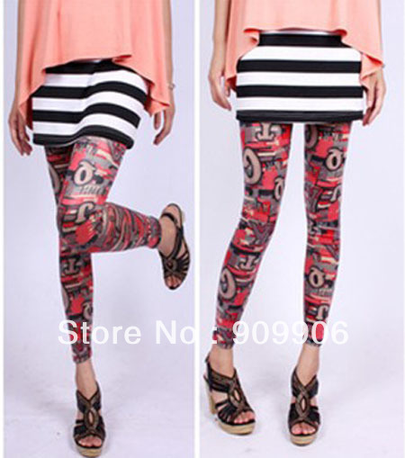 Punk 2013 Hot Faux Leather red Letter Printed Stretch Tight Jeggings Leggings Pants