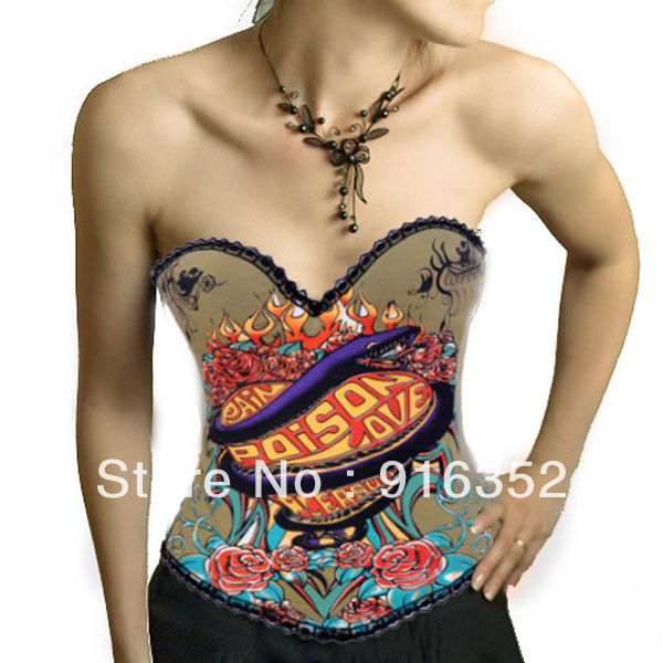 Punk Rock Hook Boned Corset Bustier TOP Snake and Rose Tattoo Halloween Costume wholesale free shipping