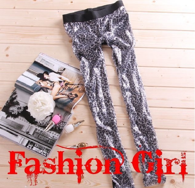 Punk sequins leopard grain honed imitation leather splicing nine points backing pants woman's leggings