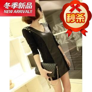 Punk slim lace patchwork rivet leather long-sleeve one-piece dress