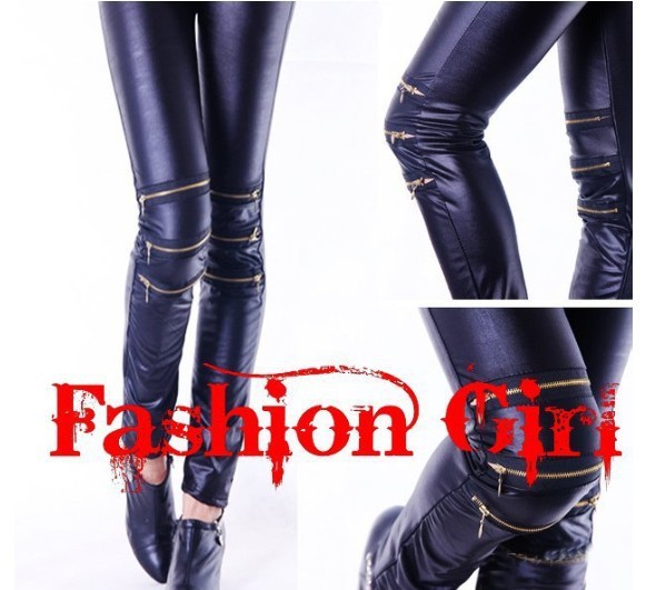 Punk tight package hip knee zipper honed imitation leather nine points backing pants