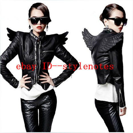 Punk Womens 3D Back Angel Wings Front Zips PU Faux Leather Close-fitting Jacket free shipping