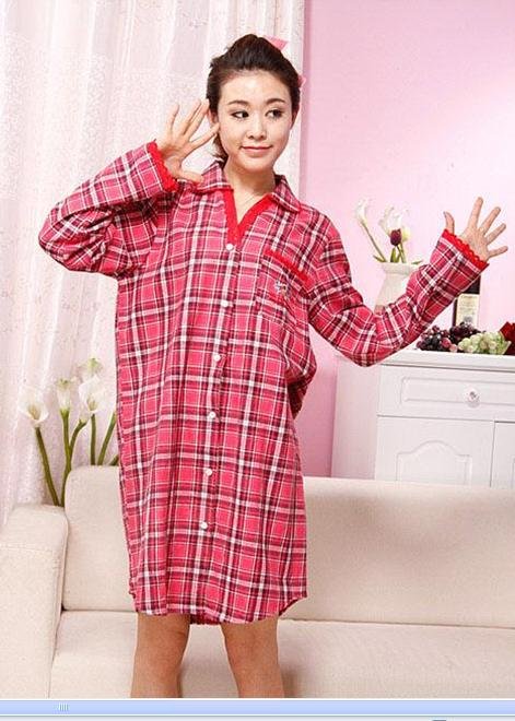 Pure cotton yarn case flocking female grid control long sleeve nightgown nightgown