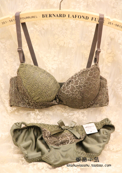 Pure lace cup 3 women's breasted bra underwear set 2242 green