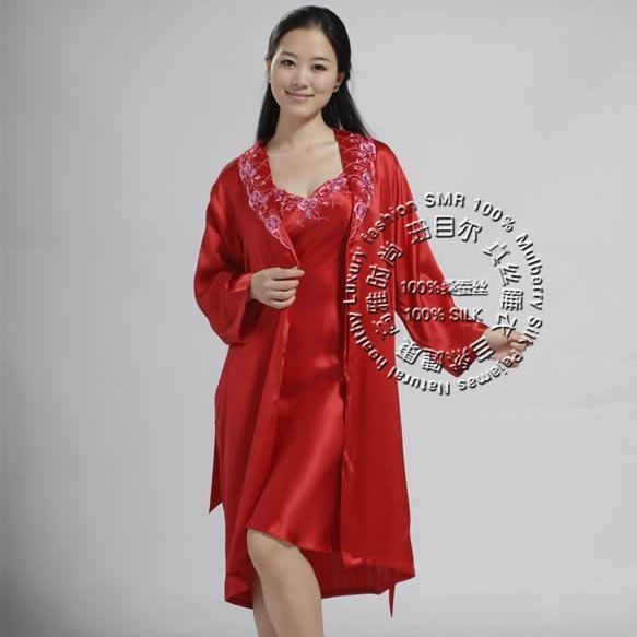 Pure silk mulberry silk sm6514 women's noble embroidered spaghetti strap twinset robe free shipping