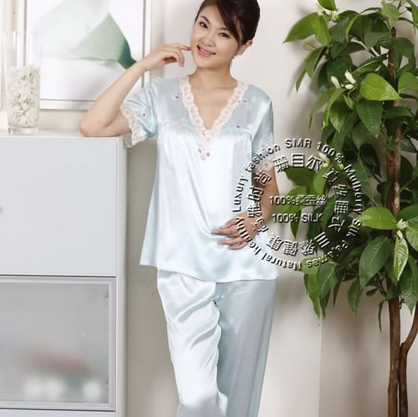 Pure silk mulberry silk sm8216 women's embroidery short-sleeve sleep set lounge freeshipping