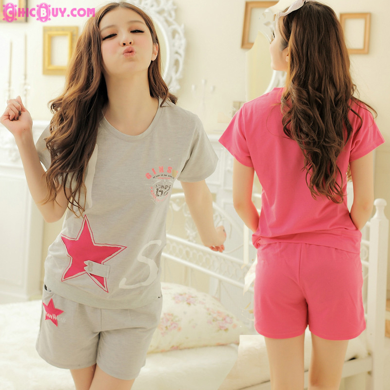 Pure summer 100% cotton 100% cotton sleepwear lounge casual twinset t-shirt shorts female