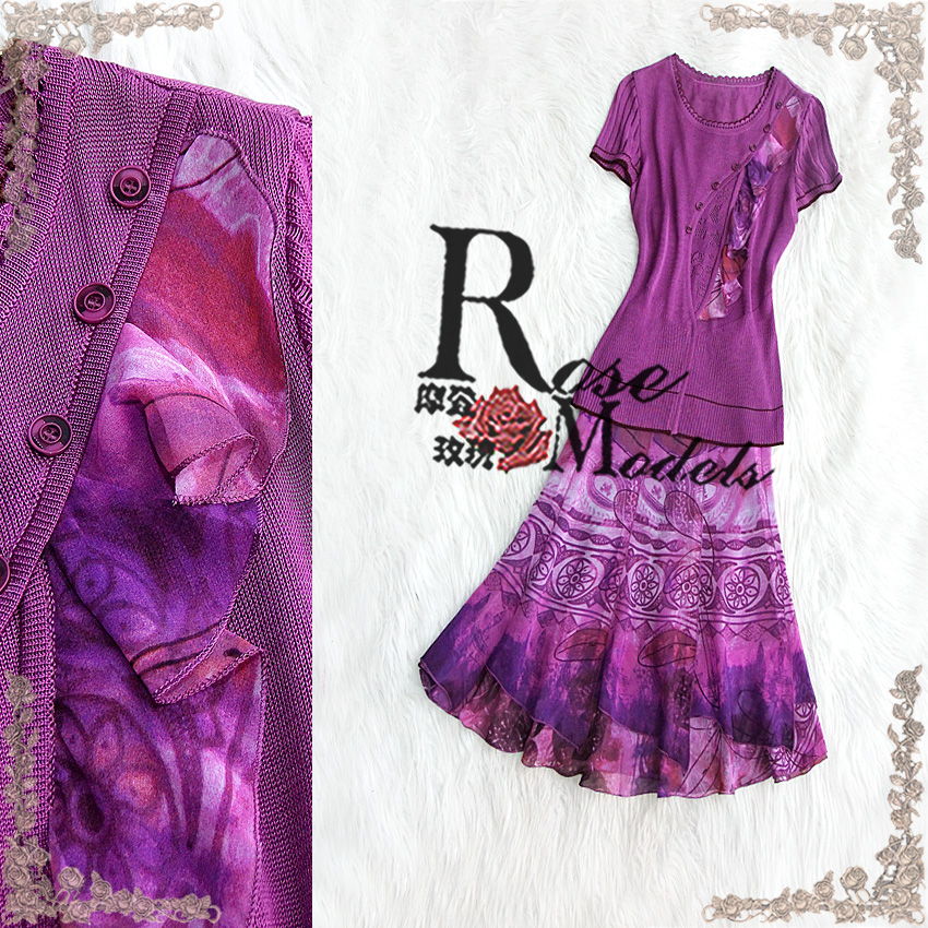 Purple 2013 women's knitted button top chiffon skirt set