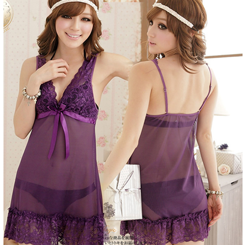 Purple charm sexy women sleepwear deep V-neck gauze transparent lace decoration spaghetti strap nightgown sexy sleepwear woman