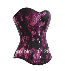 Purple floral satin lace up boned corset underwear +G-string S-2XL   M0146